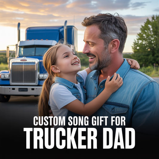 Man and young girl hugging with a truck in the background, text 'Custom Song Gift for Trucker Dad'.
